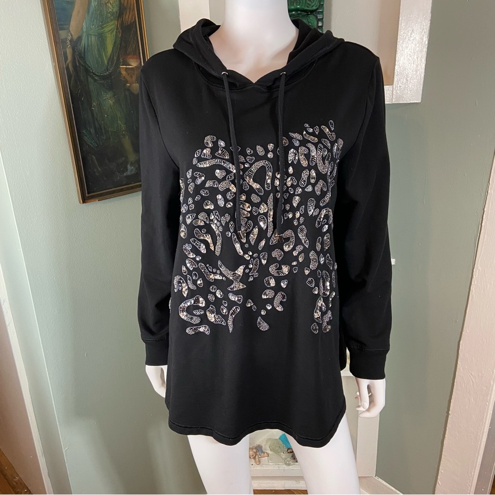 Chico's Zenergy Sz 2 French Terry Black Hoodie Leopard Print Silver Sequin Beads - Picture 5 of 12